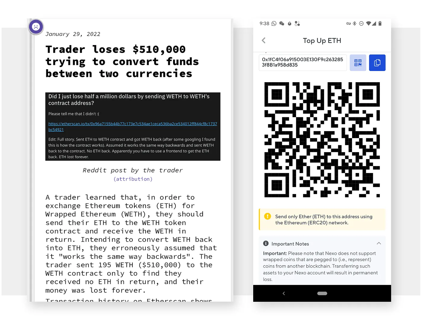 Image showing a confusing screenshot for a an ethereum wallet and a warning.