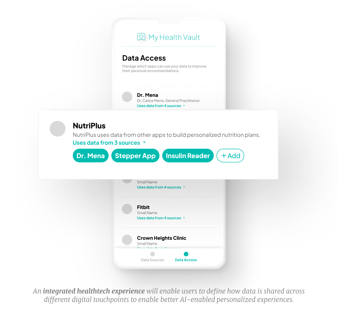 A mock-up of a phone screen with an app showing a user's 'health vault' with settings to manage access to different apps.
