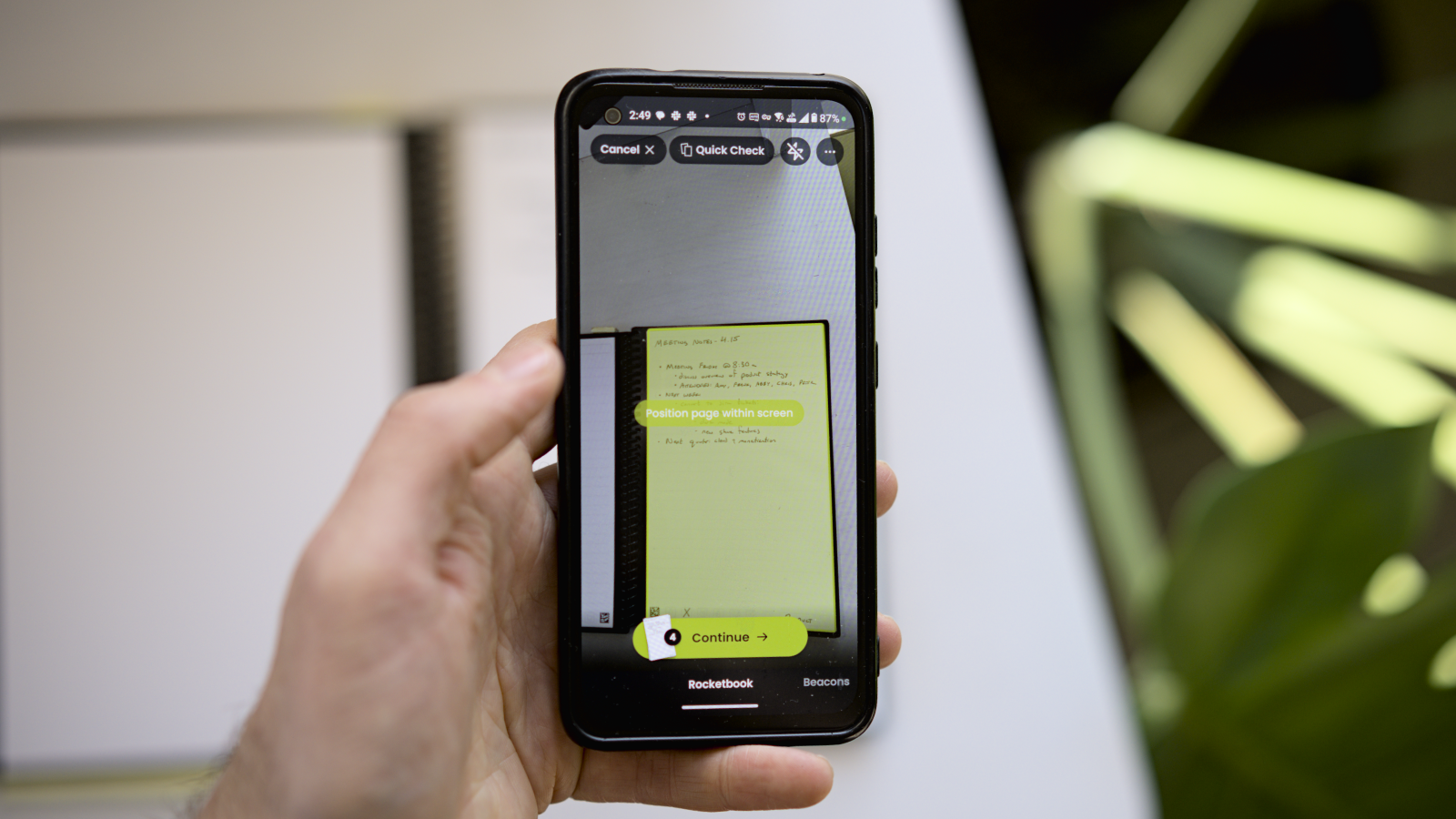 Image of the Rocketbook app scanning a page in a Rocketbook notebook.
