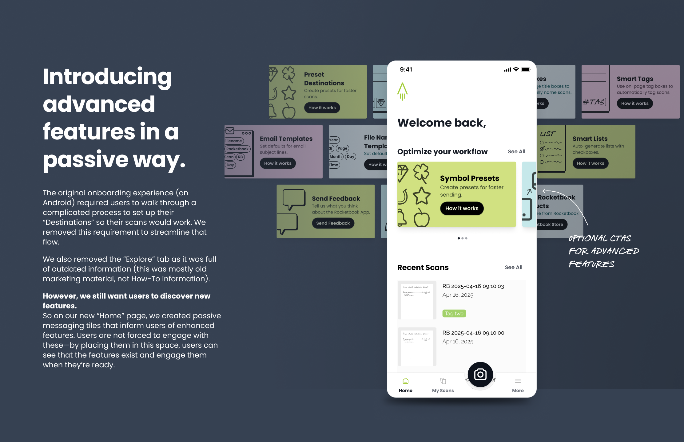 Image showing the home screen of the app with call to action buttons for users to learn how to use advanced features.