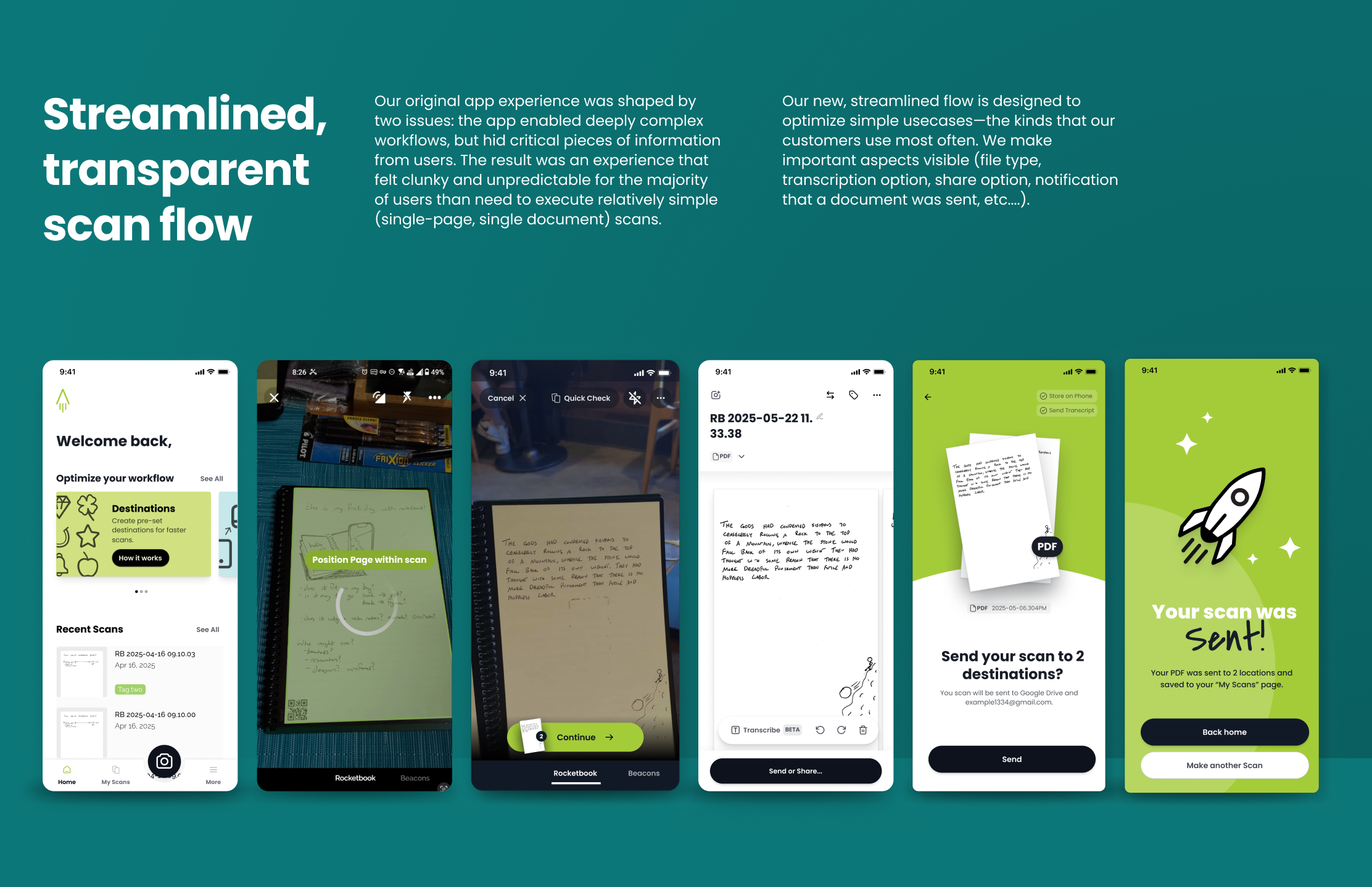 Walkthrough of the screens in the updated 'scan' flow for the Rocketbook app.