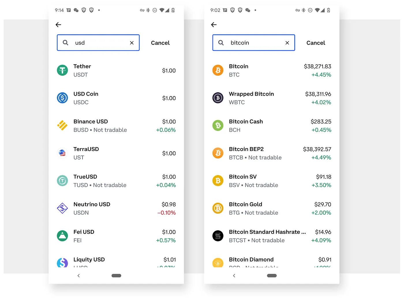 Image of two Coinbase screens showing lists of 'usd' coins and 'bitcoin' coins such as Wrapped Bitcoin, Bitcoin Cash, Bitcoin BEP2, Bitcoin Gold, etc....